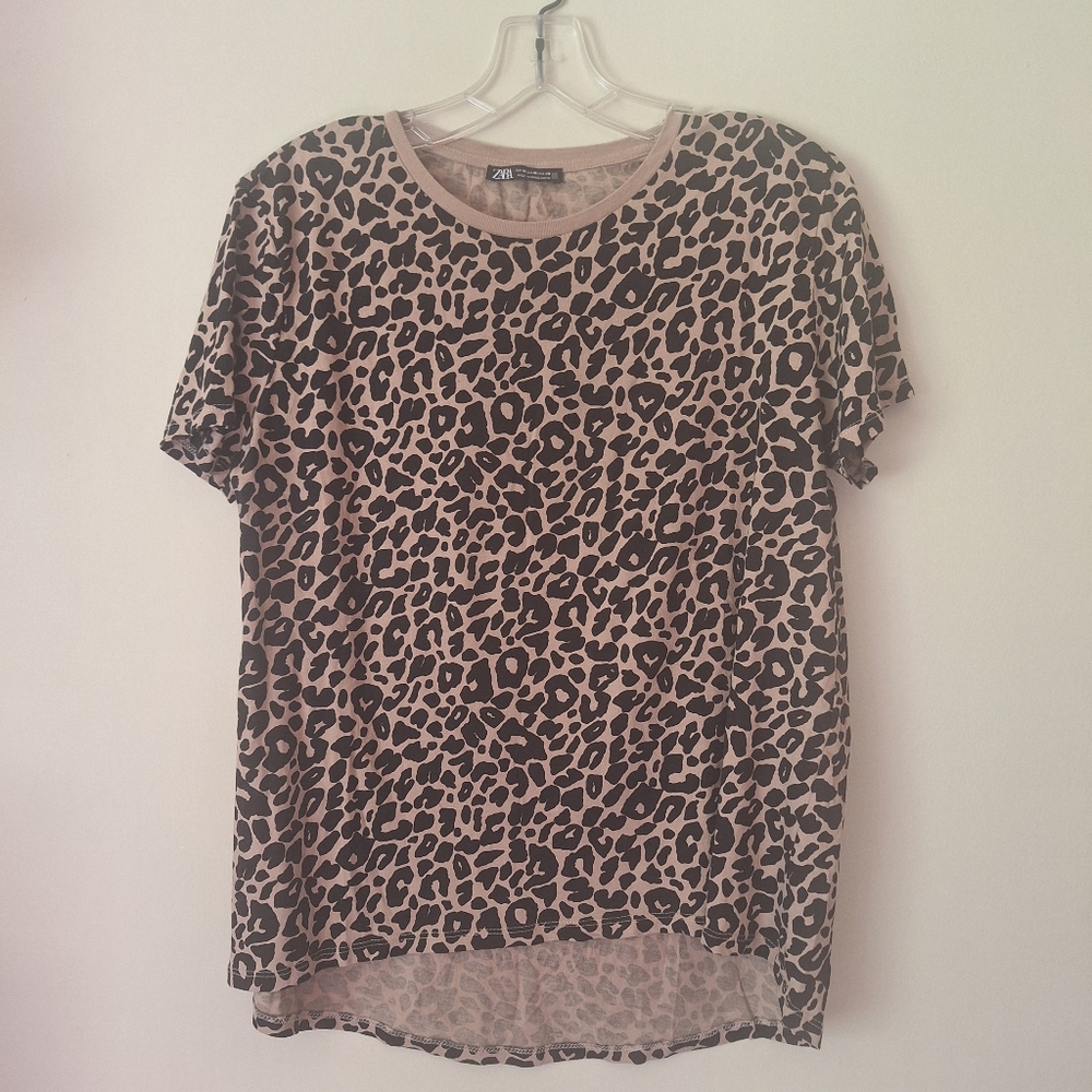 Zara Leopard Print Top Cap Sleeve 100% Cotton Crew Neck T-shirt Brown Tan🐆
